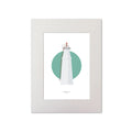 Contemporary graphic illustration of Copper Point lighthouse on a white background inside light blue square, mounted and measuring 30x40cm.