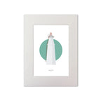 Contemporary graphic illustration of Copper Point lighthouse on a white background inside light blue square, mounted and measuring 30x40cm.