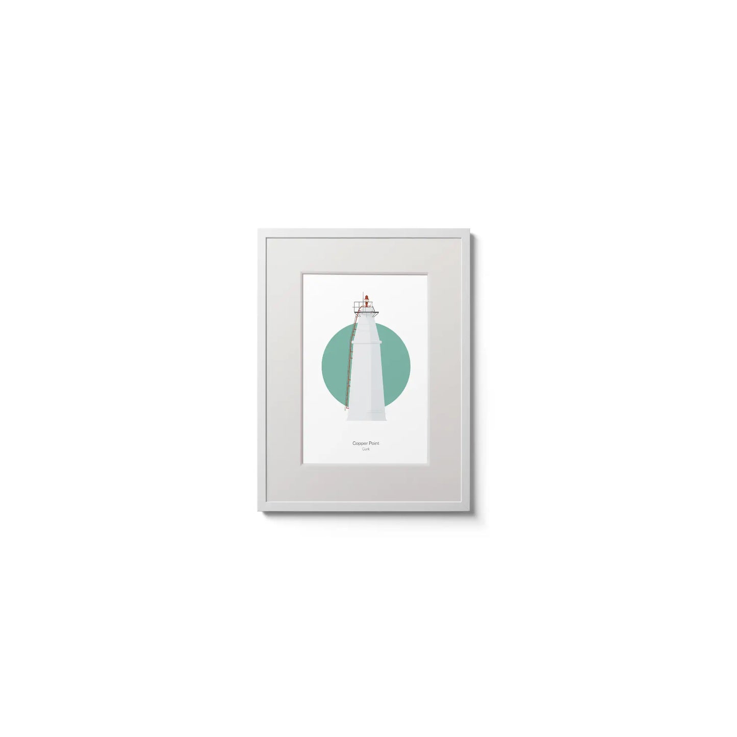 Contemporary wall hanging of Copper Point lighthouse on a white background inside light blue square,  in a white frame measuring 15x20cm.