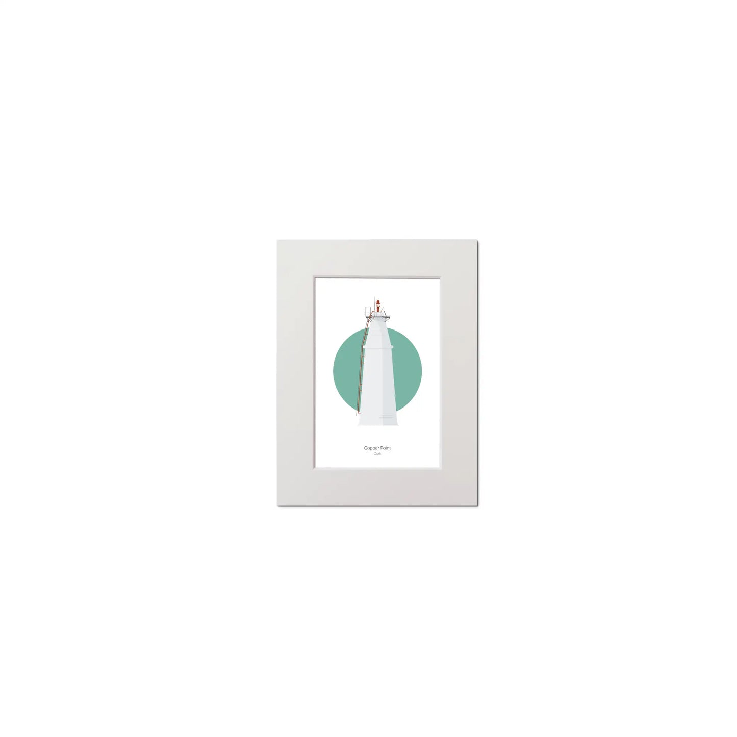 Contemporary graphic illustration of Copper Point lighthouse on a white background inside light blue square, mounted and measuring 15x20cm.