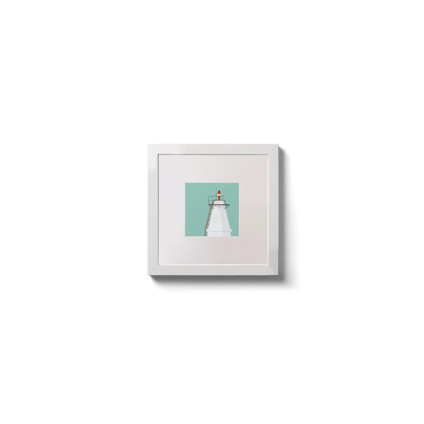 Illustration Copper Point lighthouse on an ocean green background,  in a white square frame measuring 10x10cm.