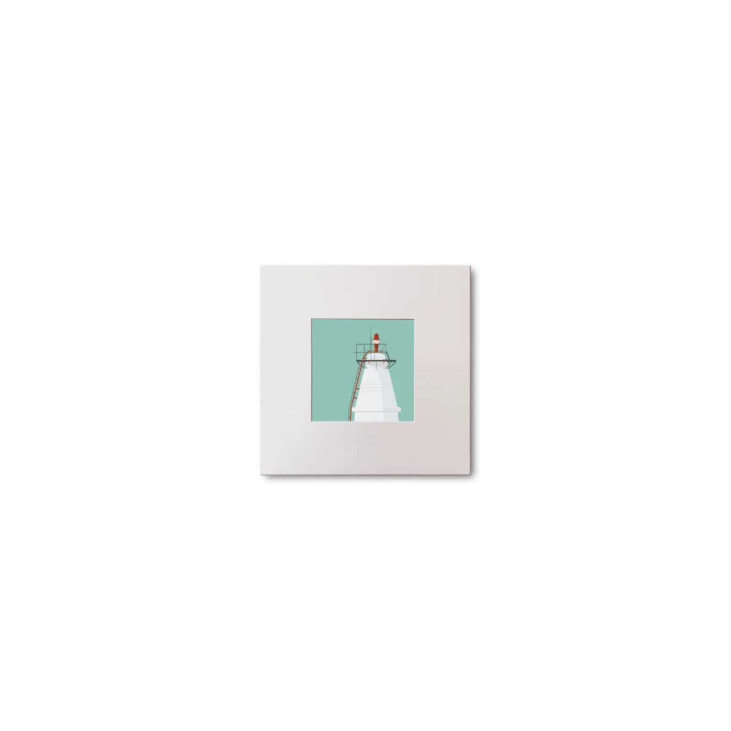 Illustration Copper Point lighthouse on an ocean green background, mounted and measuring 10x10cm.