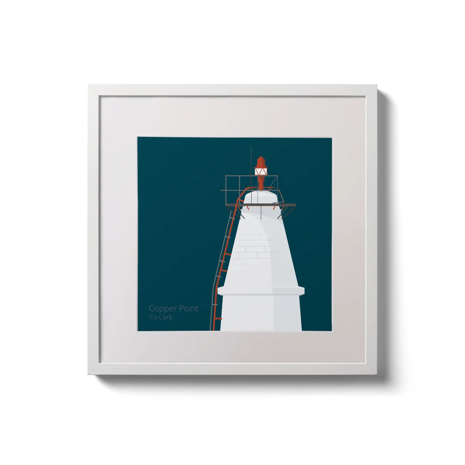 Framed wall art decoration Copper Point lighthouse on a midnight blue background,  in a white square frame measuring 20x20cm.