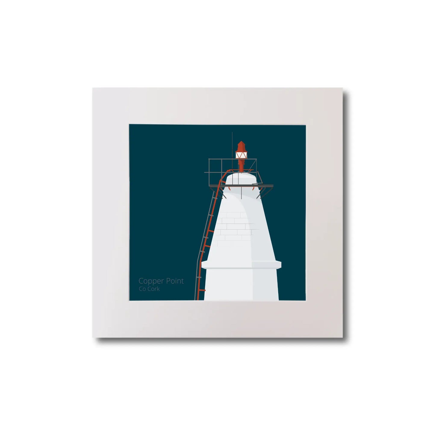 Illustration Copper Point lighthouse on a midnight blue background, mounted and measuring 20x20cm.