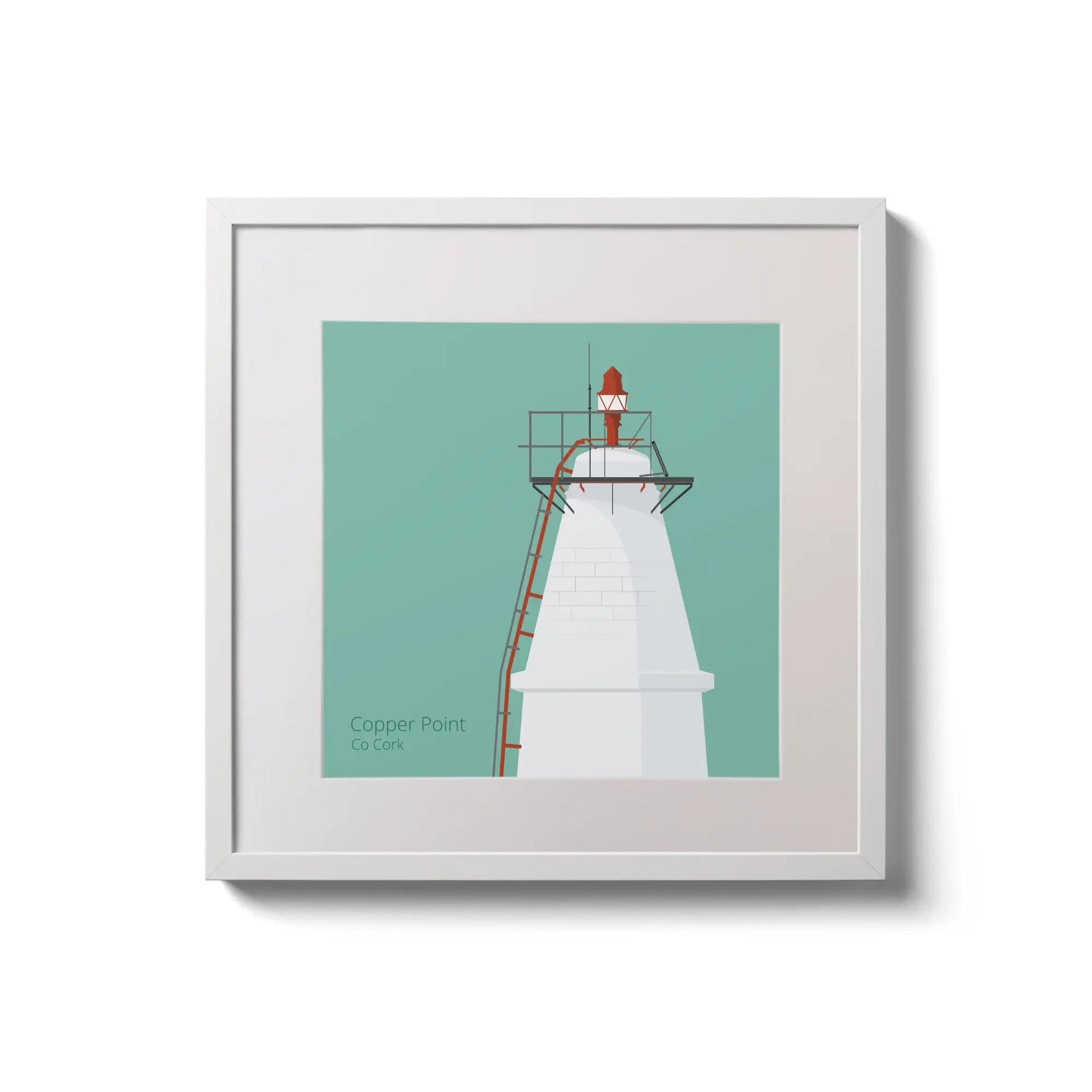 Contemporary wall hanging Copper Point lighthouse on an ocean green background,  in a white square frame measuring 20x20cm.