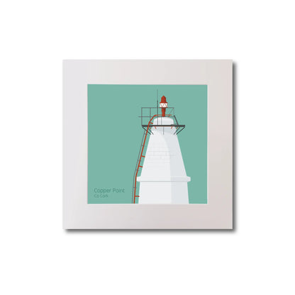 Illustration Copper_Point lighthouse on an ocean green background, mounted and measuring 20x20cm.