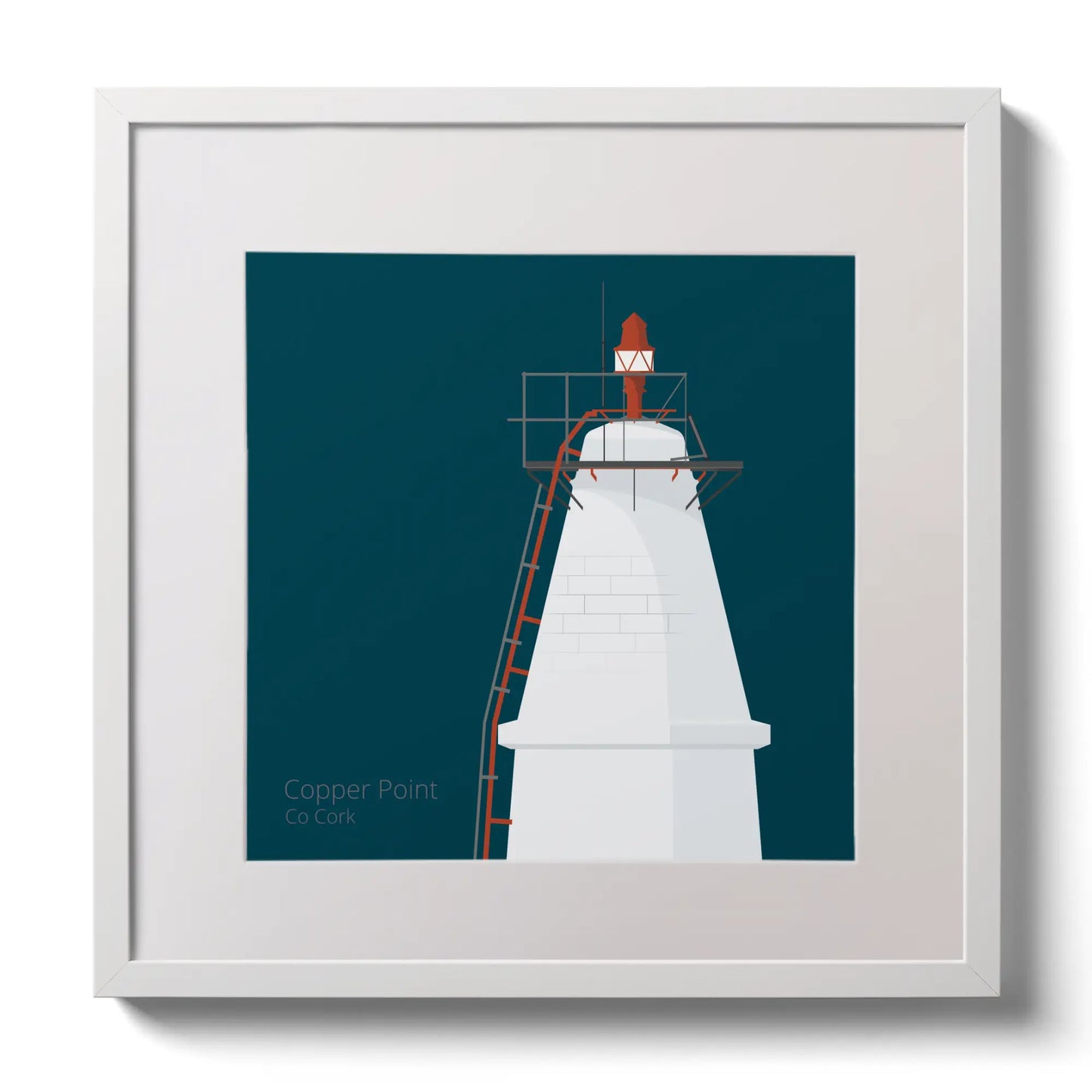 Illustration Copper Point lighthouse on a midnight blue background,  in a white square frame measuring 30x30cm.
