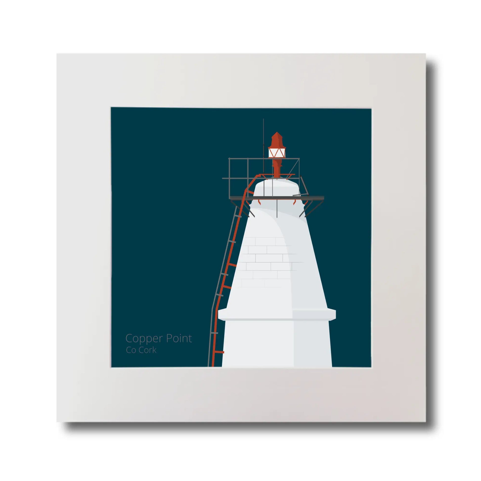 Illustration Copper Point lighthouse on a midnight blue background, mounted and measuring 30x30cm.