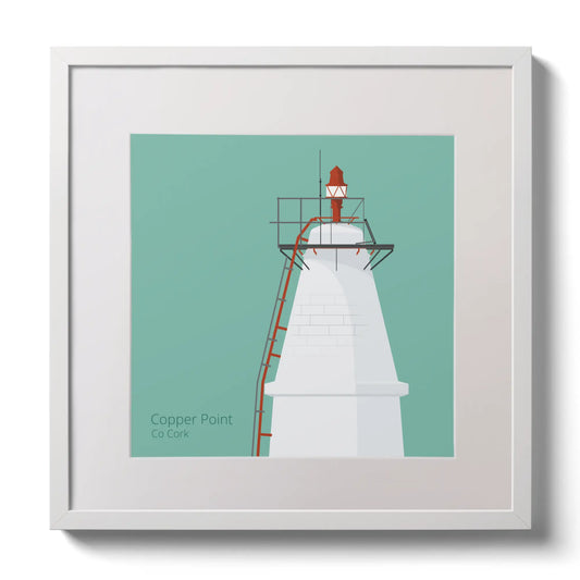 Illustration Copper Point lighthouse on an ocean green background,  in a white square frame measuring 30x30cm.