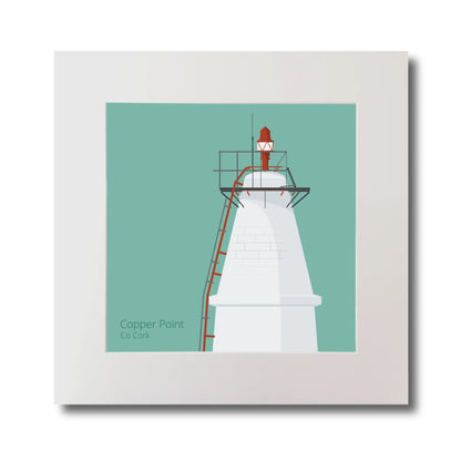 Illustration Copper Point lighthouse on an ocean green background, mounted and measuring 30x30cm.