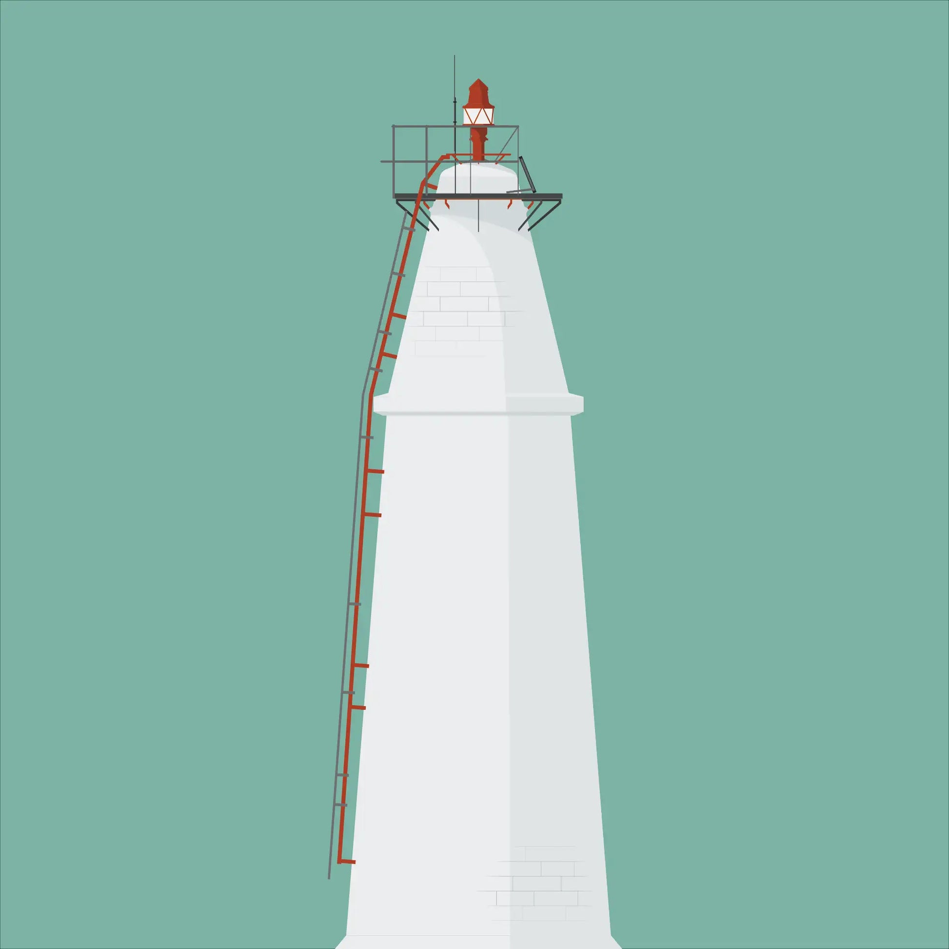 Contemporary graphic illustration of Copper Point lighthouse on a white background inside light blue square.