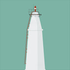 Contemporary graphic illustration of Copper Point lighthouse on a white background inside light blue square.