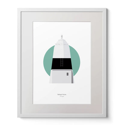 Contemporary art print of Ballagh Rocks lighthouse on a white background inside light blue square,  in a white frame measuring 40x50cm.