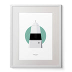 Contemporary art print of Ballagh Rocks lighthouse on a white background inside light blue square,  in a white frame measuring 40x50cm.