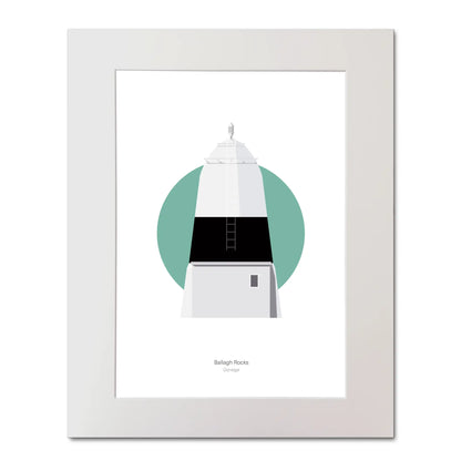 Contemporary illustration of Ballagh Rocks lighthouse on a white background inside light blue square, mounted and measuring 40x50cm.