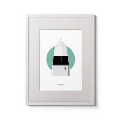 Contemporary wall art decor of Ballagh Rocks lighthouse on a white background inside light blue square,  in a white frame measuring 30x40cm.