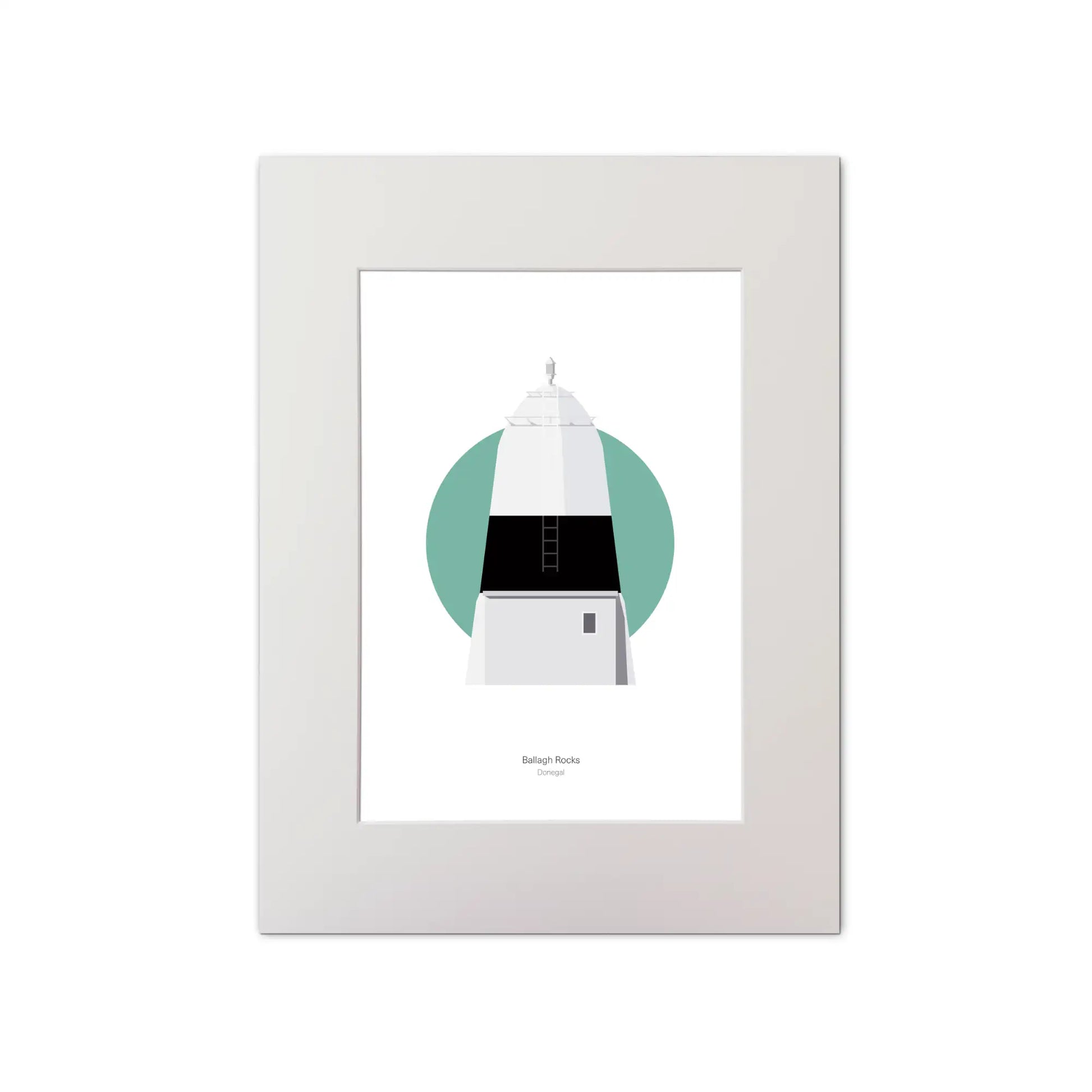 Contemporary graphic illustration of Ballagh Rocks lighthouse on a white background inside light blue square, mounted and measuring 30x40cm.