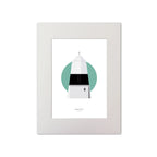 Contemporary graphic illustration of Ballagh Rocks lighthouse on a white background inside light blue square, mounted and measuring 30x40cm.