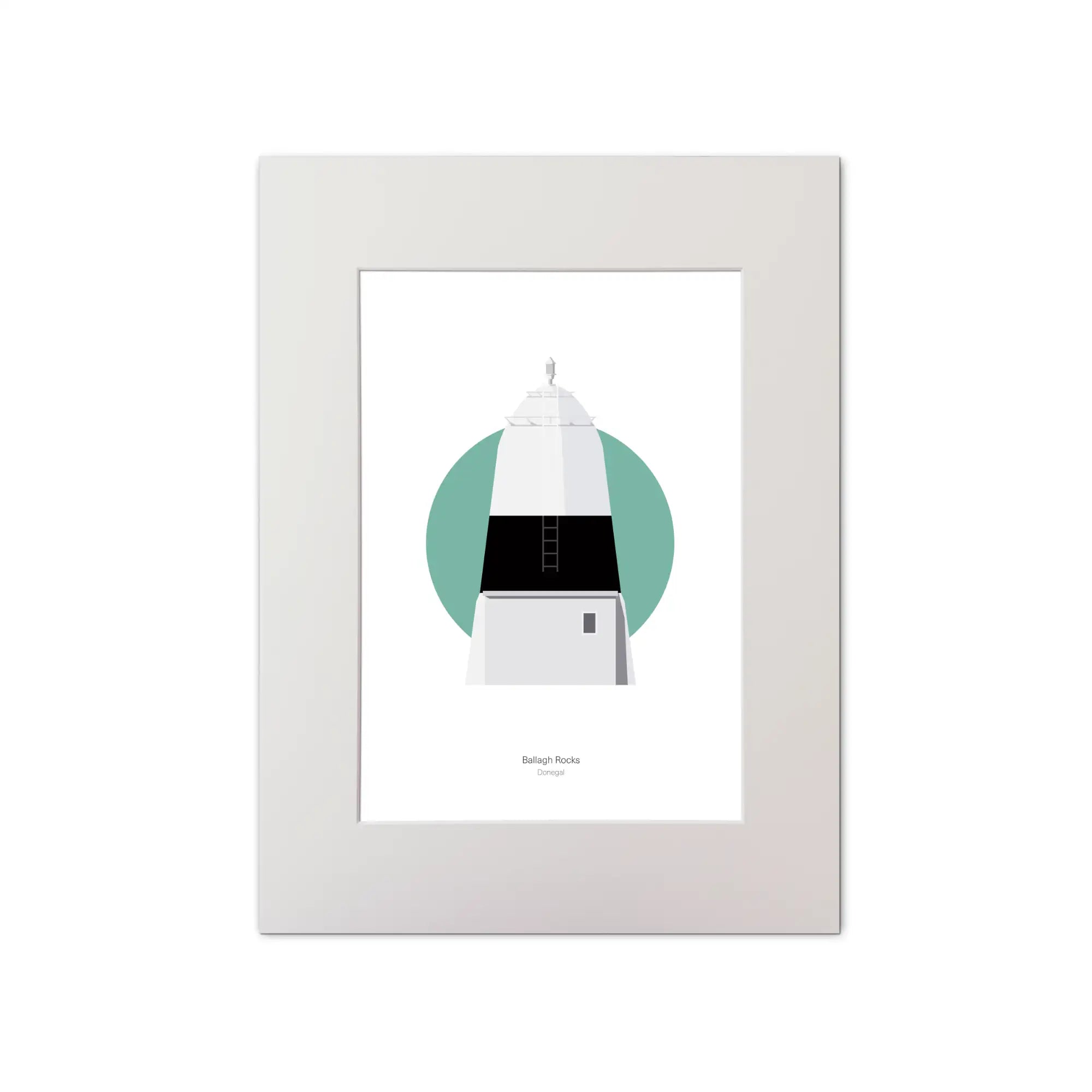 Contemporary graphic illustration of Ballagh Rocks lighthouse on a white background inside light blue square, mounted and measuring 30x40cm.