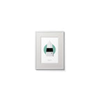 Contemporary wall hanging of Ballagh Rocks lighthouse on a white background inside light blue square,  in a white frame measuring 15x20cm.