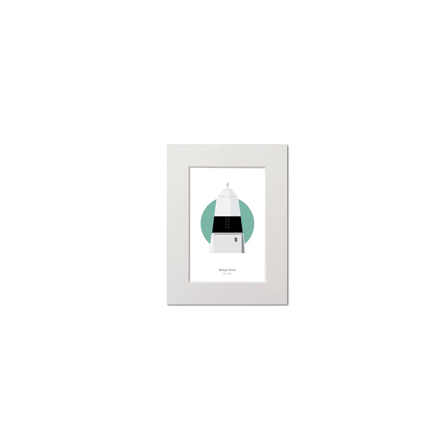 Contemporary graphic illustration of Ballagh Rocks lighthouse on a white background inside light blue square, mounted and measuring 15x20cm.