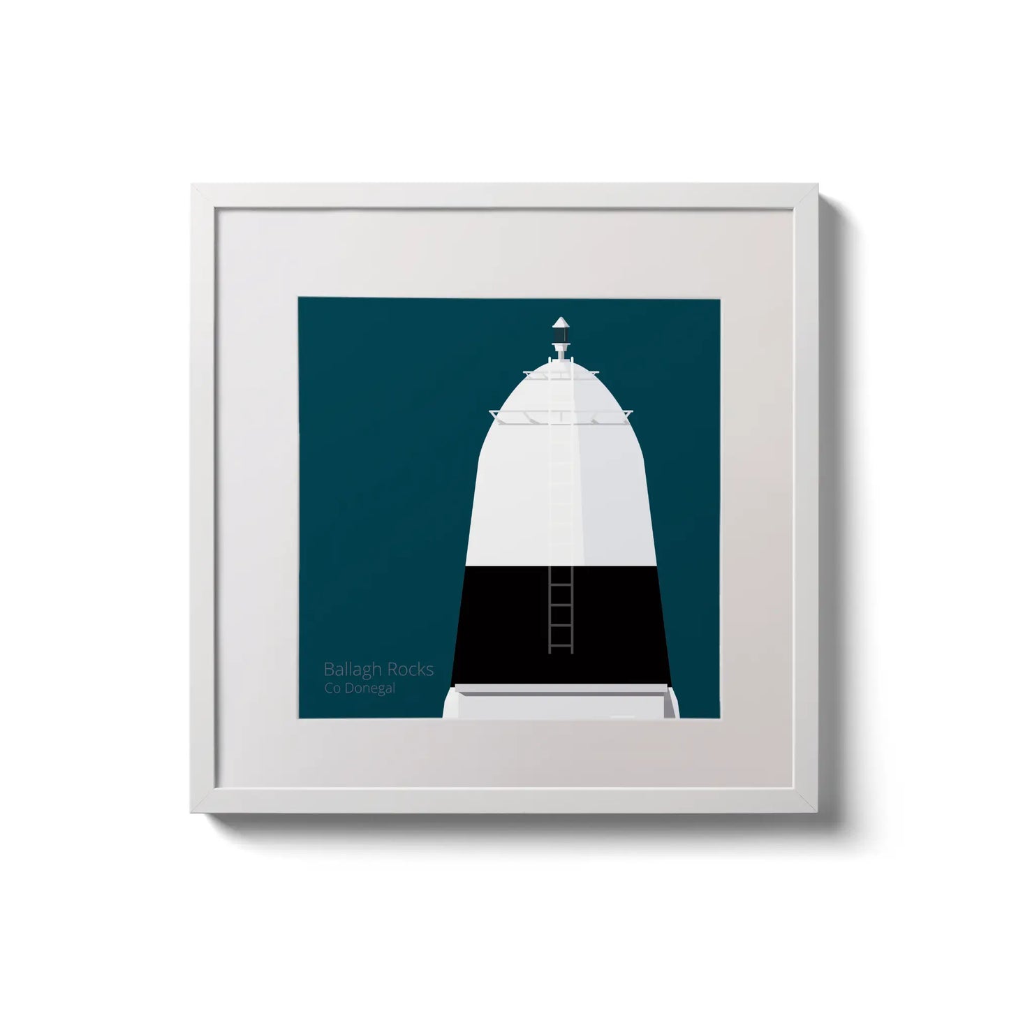 Framed wall art decoration Ballagh Rocks lighthouse on a midnight blue background,  in a white square frame measuring 20x20cm.