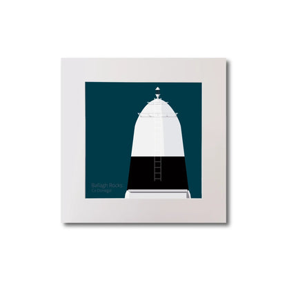 Illustration Ballagh Rocks lighthouse on a midnight blue background, mounted and measuring 20x20cm.