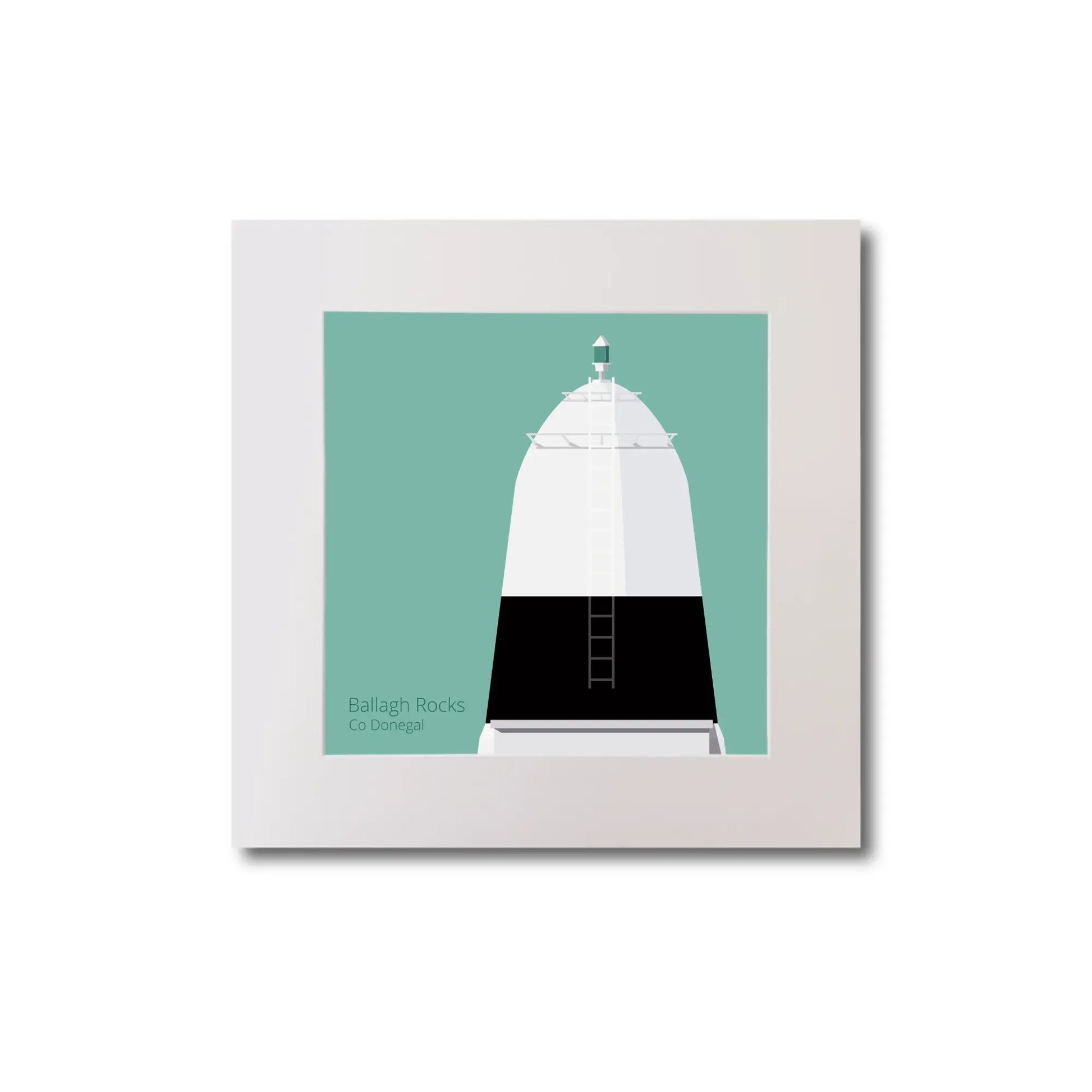 Illustration Ballagh_Rocks lighthouse on an ocean green background, mounted and measuring 20x20cm.