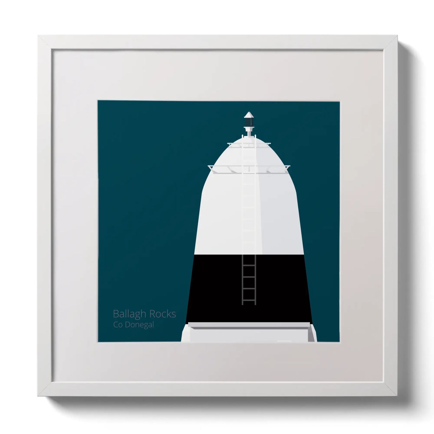 Illustration Ballagh Rocks lighthouse on a midnight blue background,  in a white square frame measuring 30x30cm.