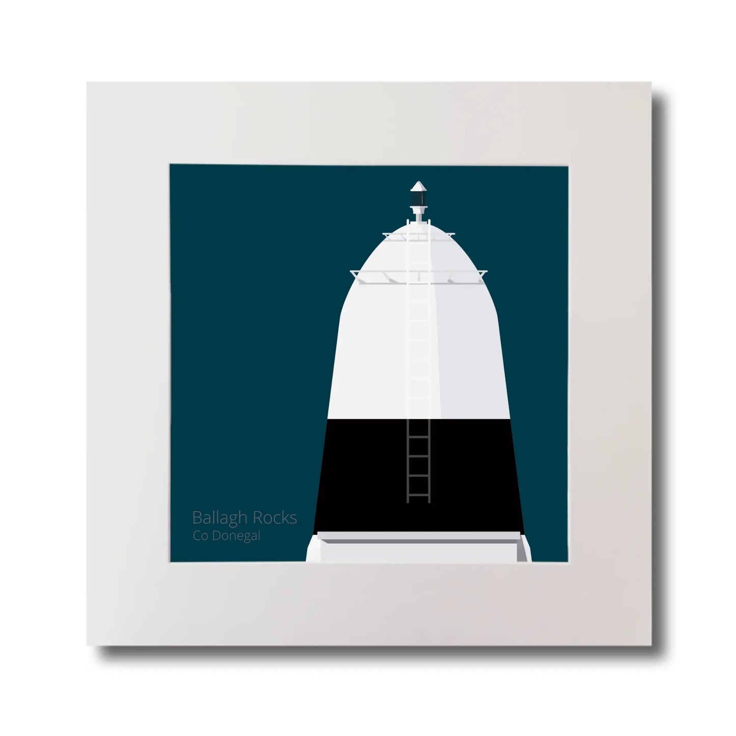 Illustration Ballagh Rocks lighthouse on a midnight blue background, mounted and measuring 30x30cm.