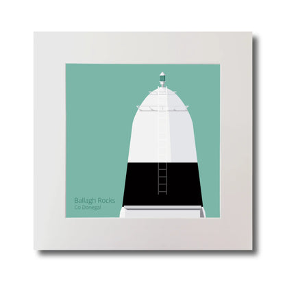 Illustration Ballagh Rocks lighthouse on an ocean green background, mounted and measuring 30x30cm.