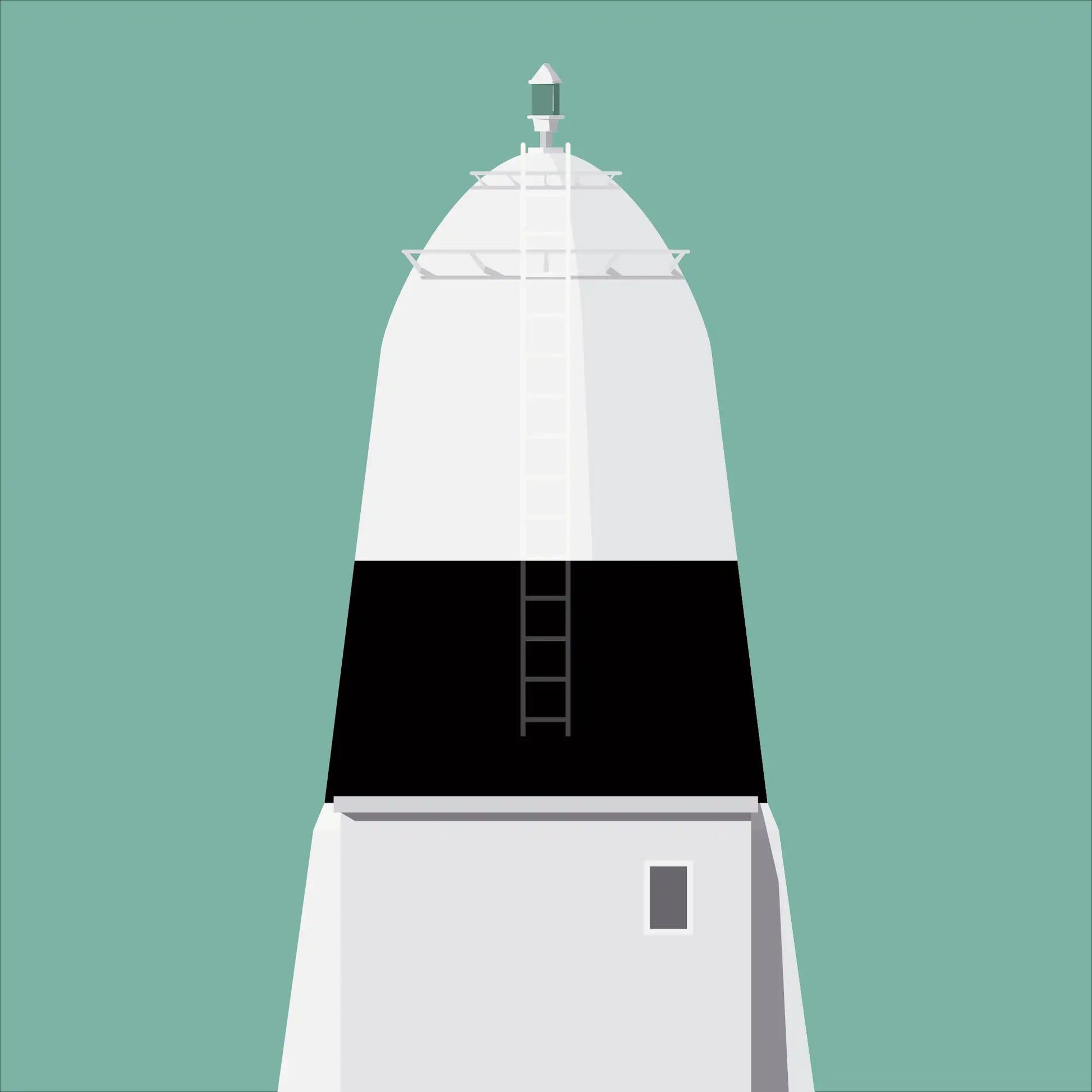 Contemporary graphic illustration of Ballagh Rocks lighthouse on a white background inside light blue square.
