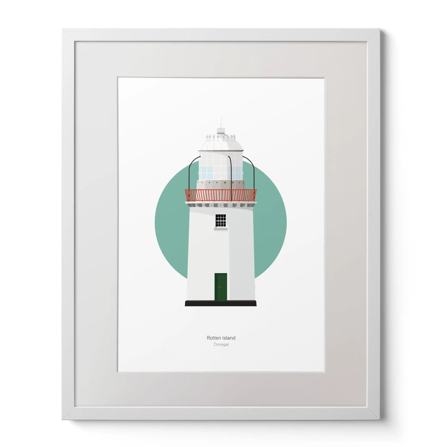 Contemporary art print of Rotten Island lighthouse on a white background inside light blue square,  in a white frame measuring 40x50cm.