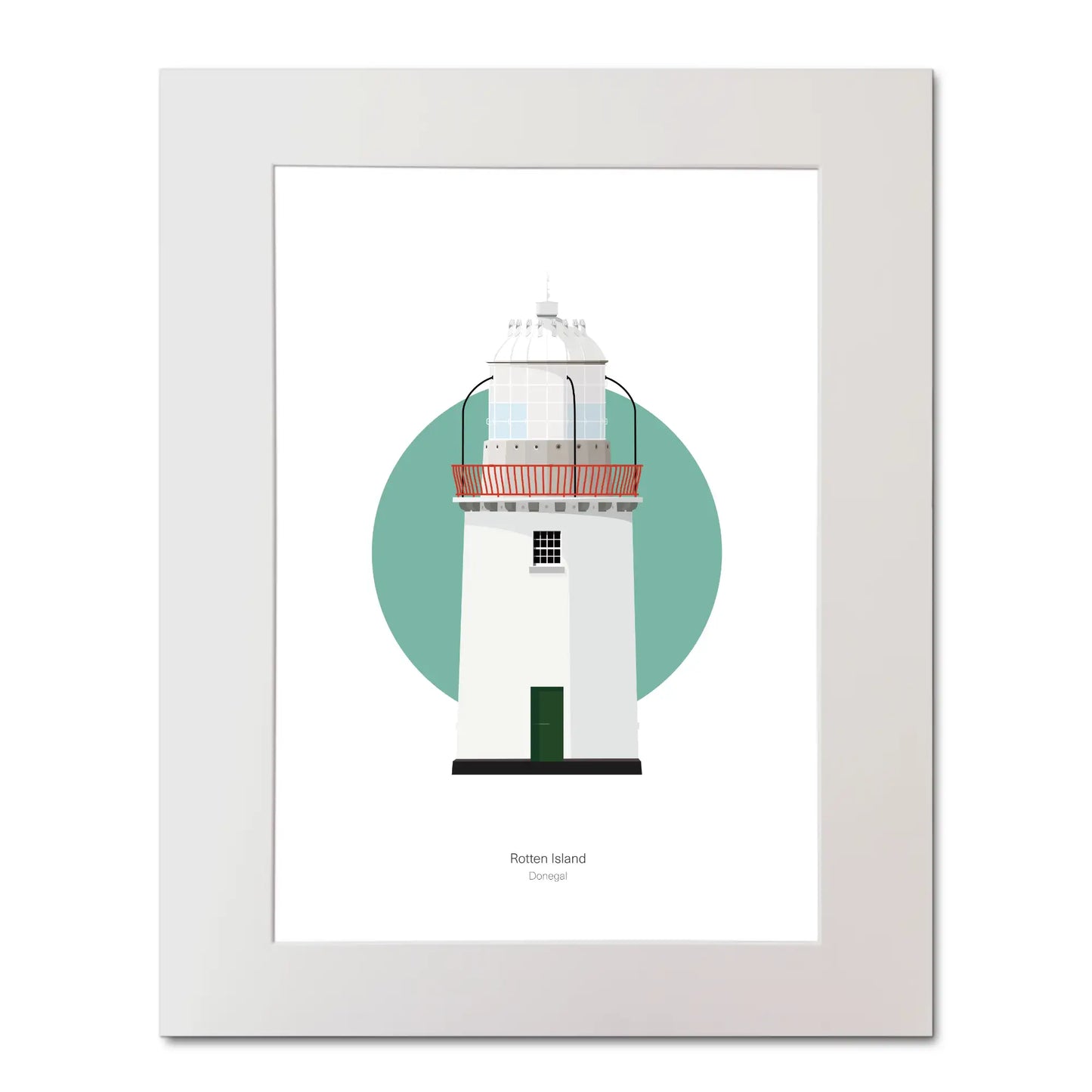 Contemporary illustration of Rotten Island lighthouse on a white background inside light blue square, mounted and measuring 40x50cm.