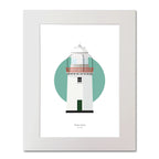 Contemporary illustration of Rotten Island lighthouse on a white background inside light blue square, mounted and measuring 40x50cm.