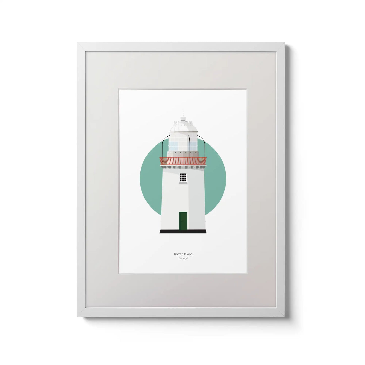 Contemporary wall art decor of Rotten Island lighthouse on a white background inside light blue square,  in a white frame measuring 30x40cm.