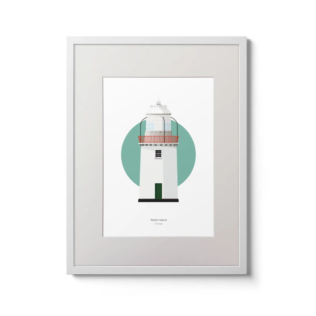 Contemporary wall art decor of Rotten Island lighthouse on a white background inside light blue square,  in a white frame measuring 30x40cm.