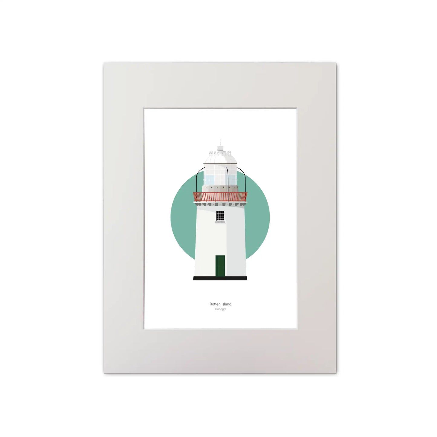 Contemporary graphic illustration of Rotten Island lighthouse on a white background inside light blue square, mounted and measuring 30x40cm.
