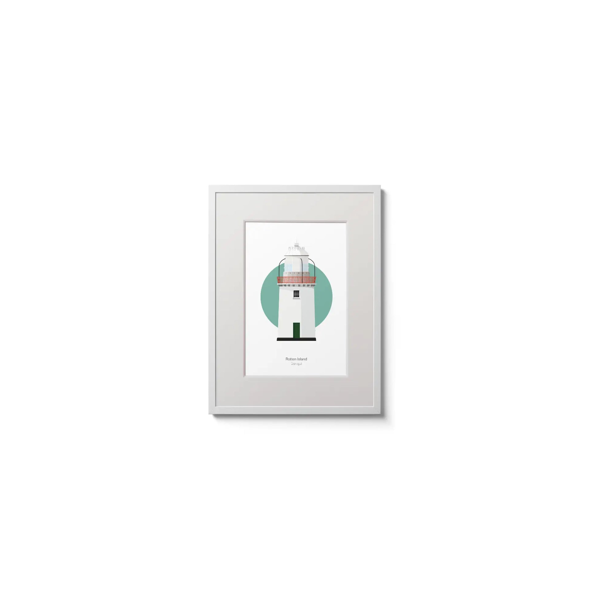 Contemporary wall hanging of Rotten Island lighthouse on a white background inside light blue square,  in a white frame measuring 15x20cm.