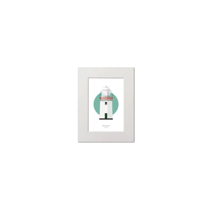 Contemporary graphic illustration of Rotten Island lighthouse on a white background inside light blue square, mounted and measuring 15x20cm.