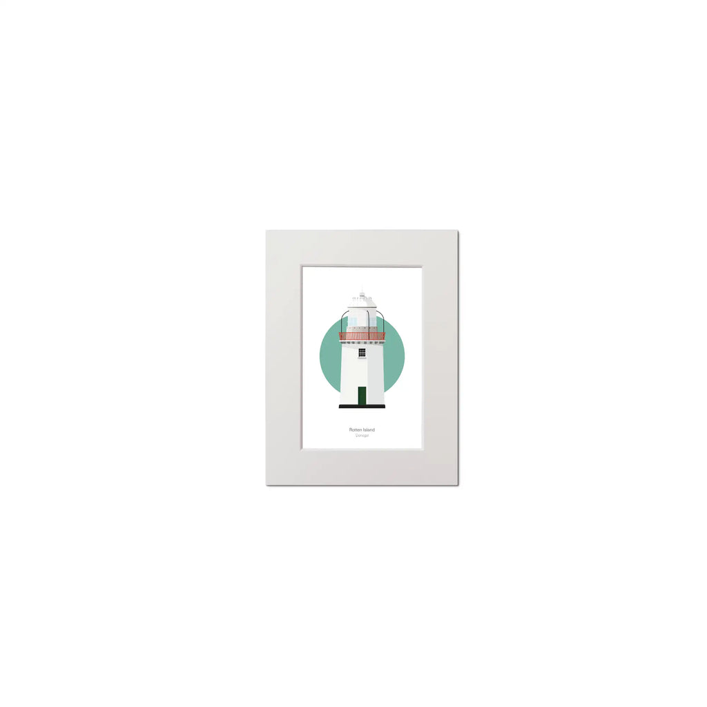 Contemporary graphic illustration of Rotten Island lighthouse on a white background inside light blue square, mounted and measuring 15x20cm.