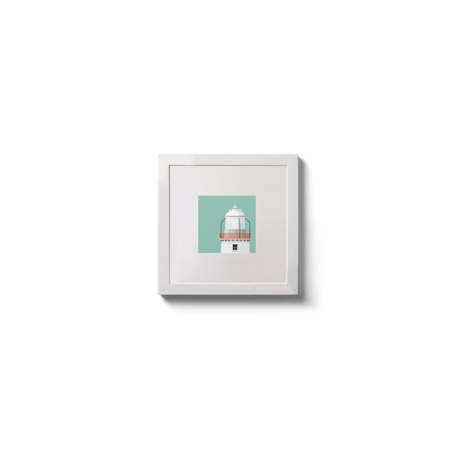 Illustration Rotten Island lighthouse on an ocean green background,  in a white square frame measuring 10x10cm.