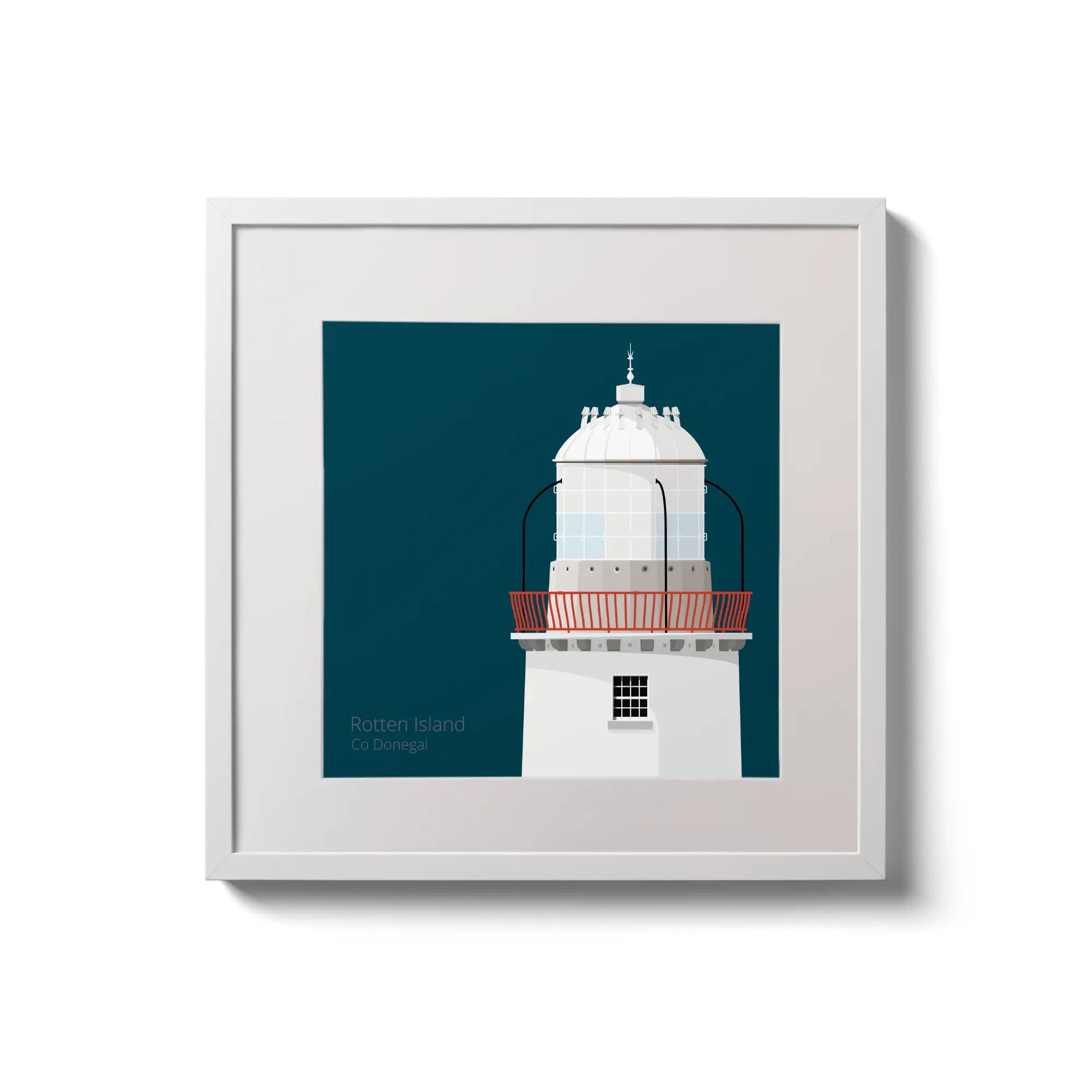 Framed wall art decoration Rotten Island lighthouse on a midnight blue background,  in a white square frame measuring 20x20cm.