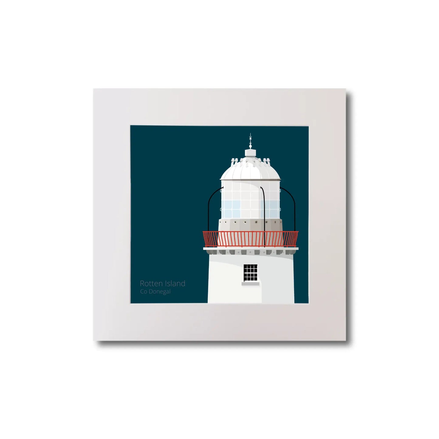 Illustration Rotten Island lighthouse on a midnight blue background, mounted and measuring 20x20cm.