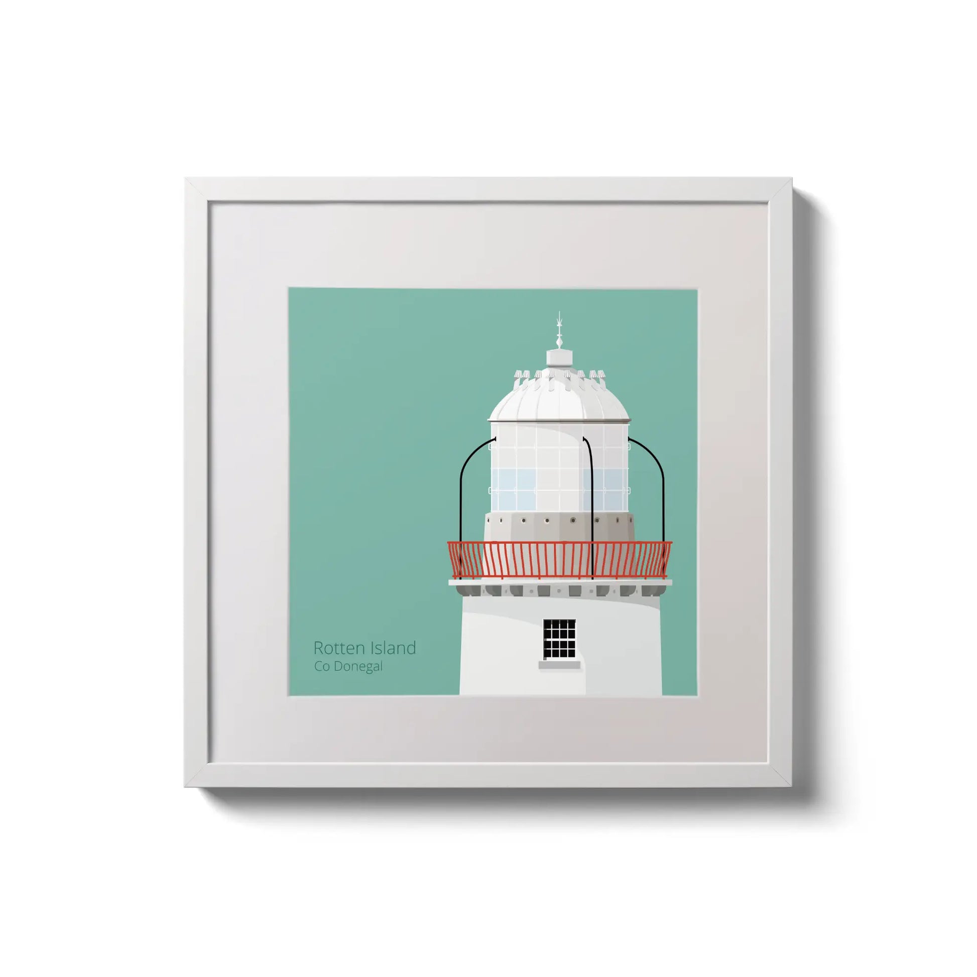Contemporary wall hanging Rotten Island lighthouse on an ocean green background,  in a white square frame measuring 20x20cm.