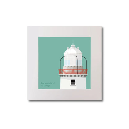 Illustration Rotten Island lighthouse on an ocean green background, mounted and measuring 20x20cm.