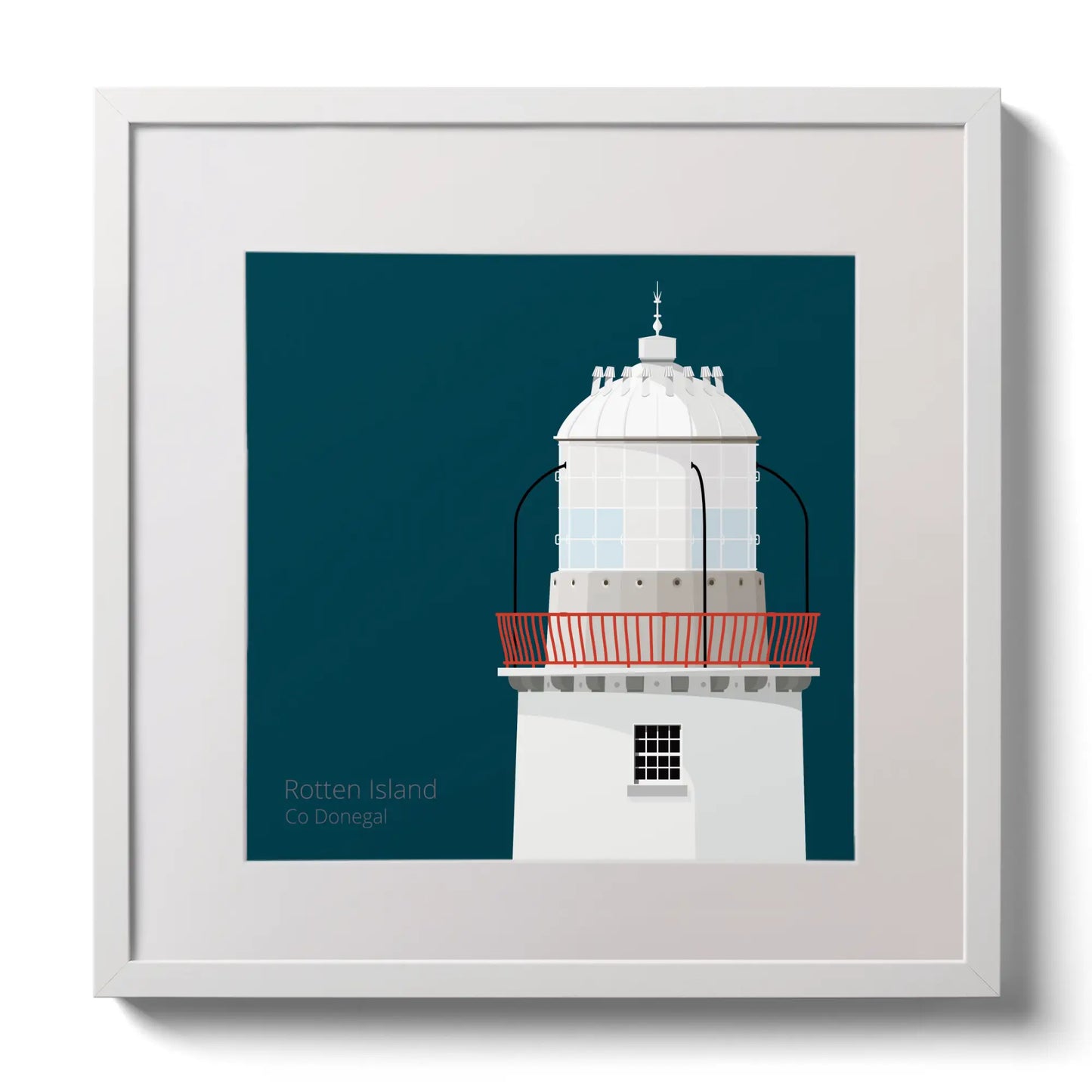 Illustration Rotten Island lighthouse on a midnight blue background,  in a white square frame measuring 30x30cm.