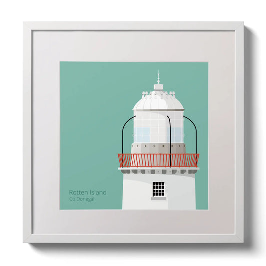 Illustration Rotten Island lighthouse on an ocean green background,  in a white square frame measuring 30x30cm.