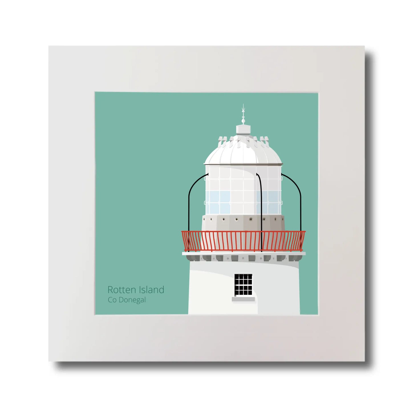 Illustration Rotten Island lighthouse on an ocean green background, mounted and measuring 30x30cm.