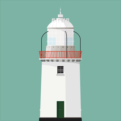 Contemporary graphic illustration of Rotten Island lighthouse on a white background inside light blue square.